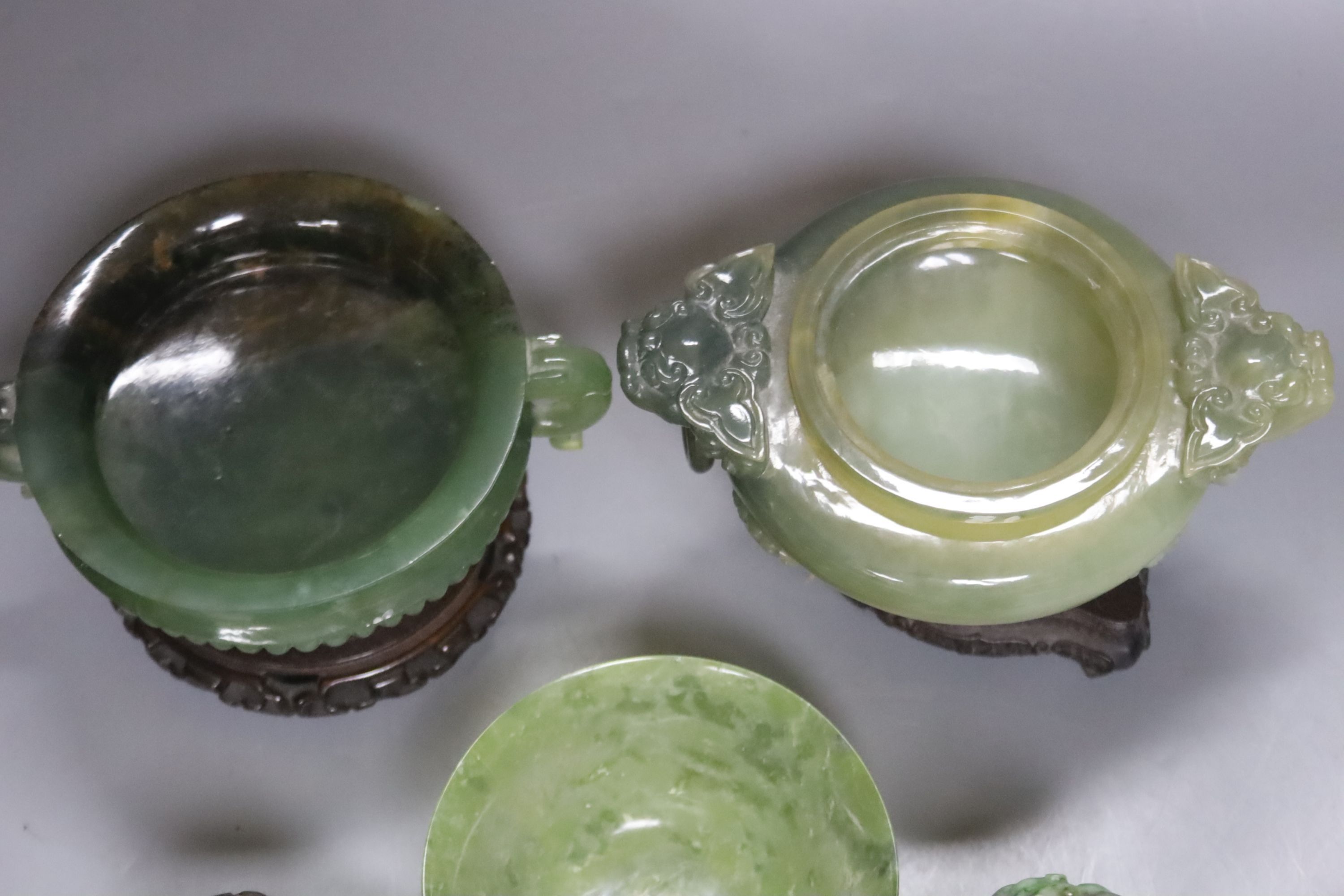 A pair Chinese jadeite temple dogs, two carved hardstone censers and a bowl, largest censer 16cm